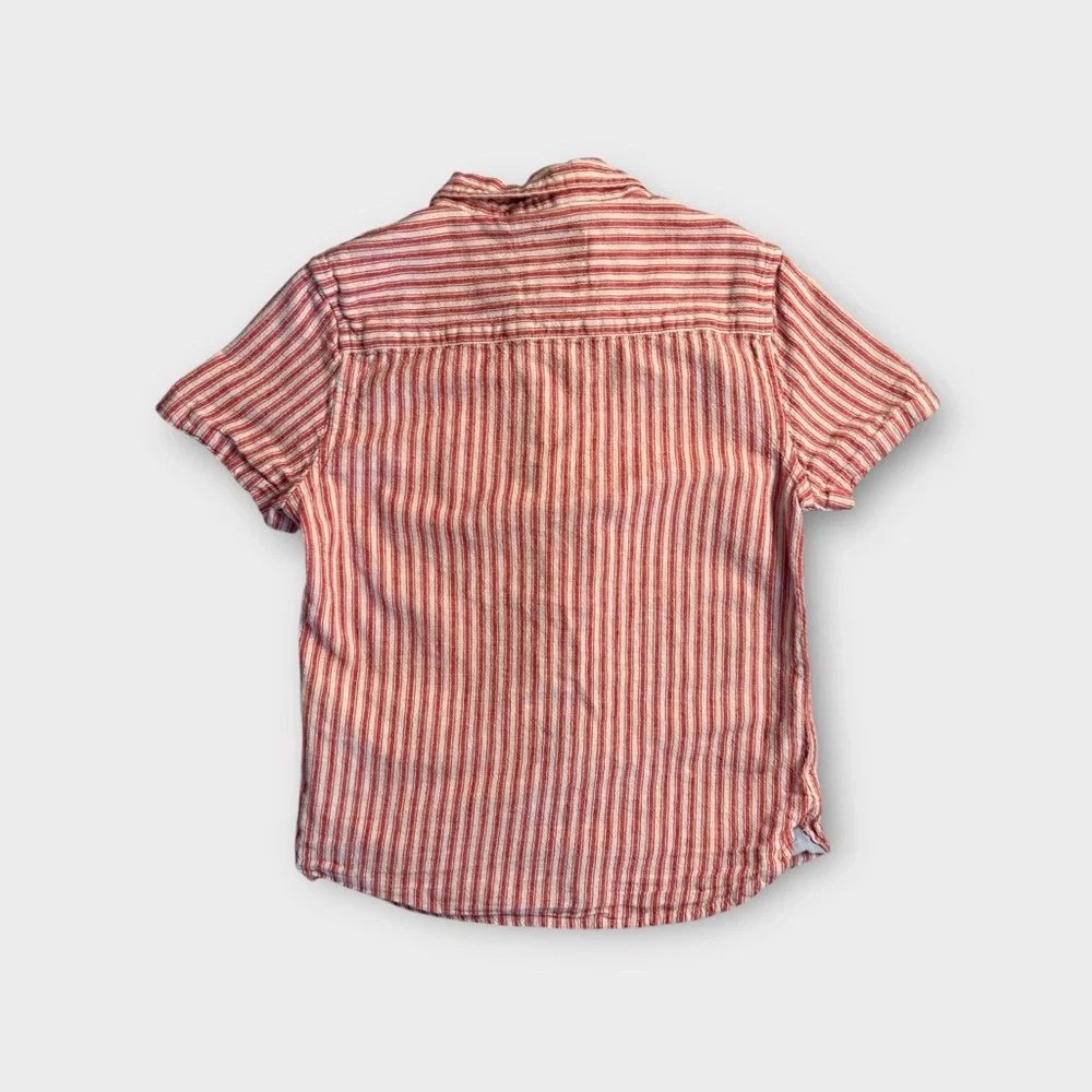 Mini Boden Red Striped Linen Button Down Short Sleeve Shirt